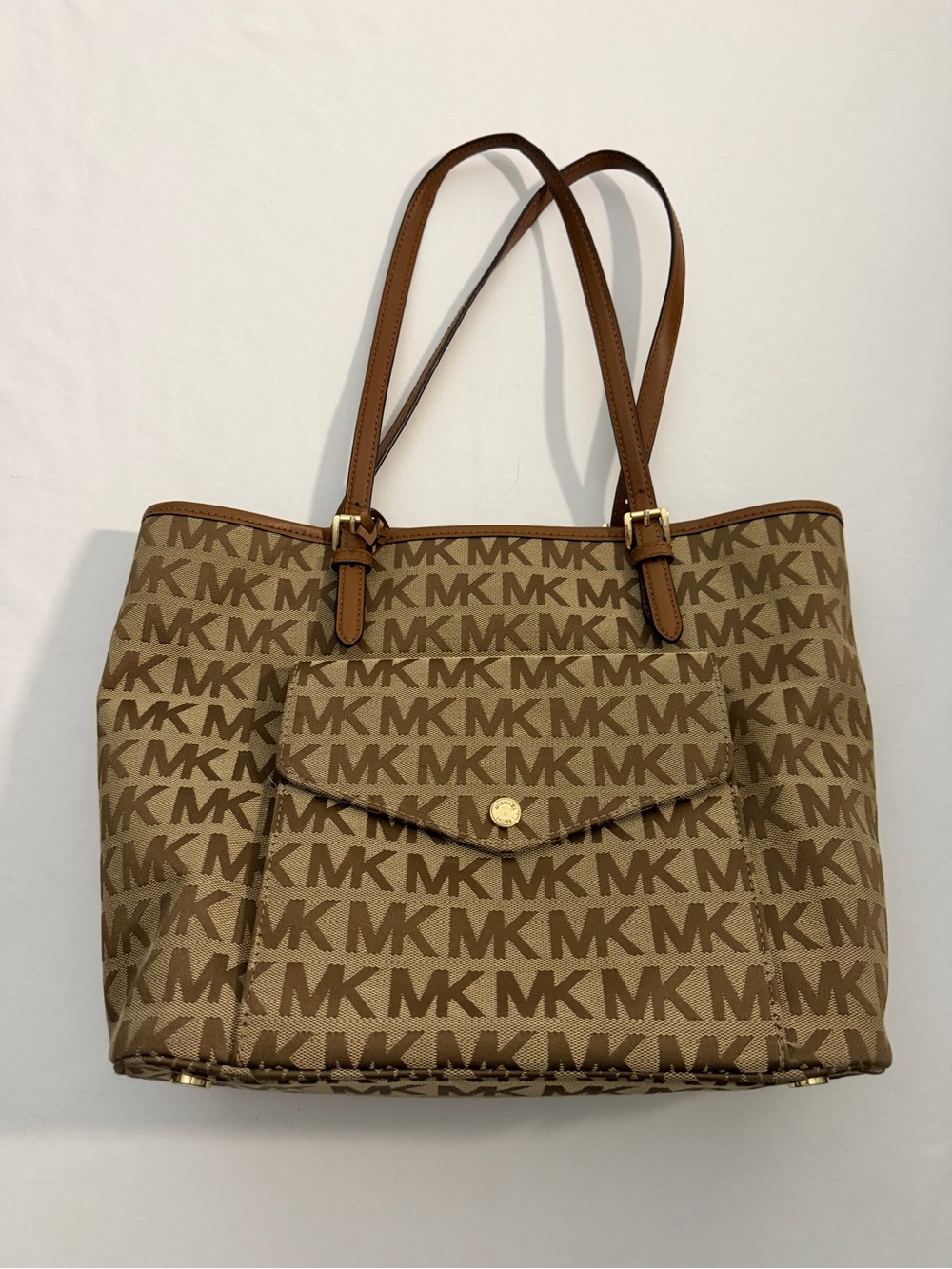 MICHAEL Michael Kors Brown/Tan MK Monogram Tote with Front Flap Pocket